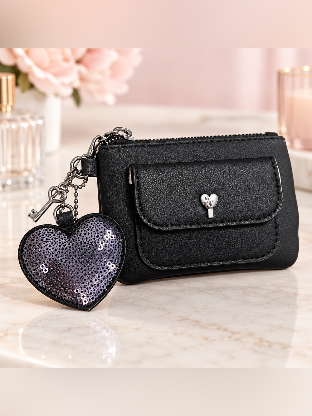 Juicy Couture black coin and card pouch wallet with Heart Tag